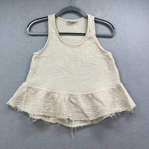 The Hanger Tank Top Womens S Cream Gauze Peplum Raw Hem Boho Blouse Shirt